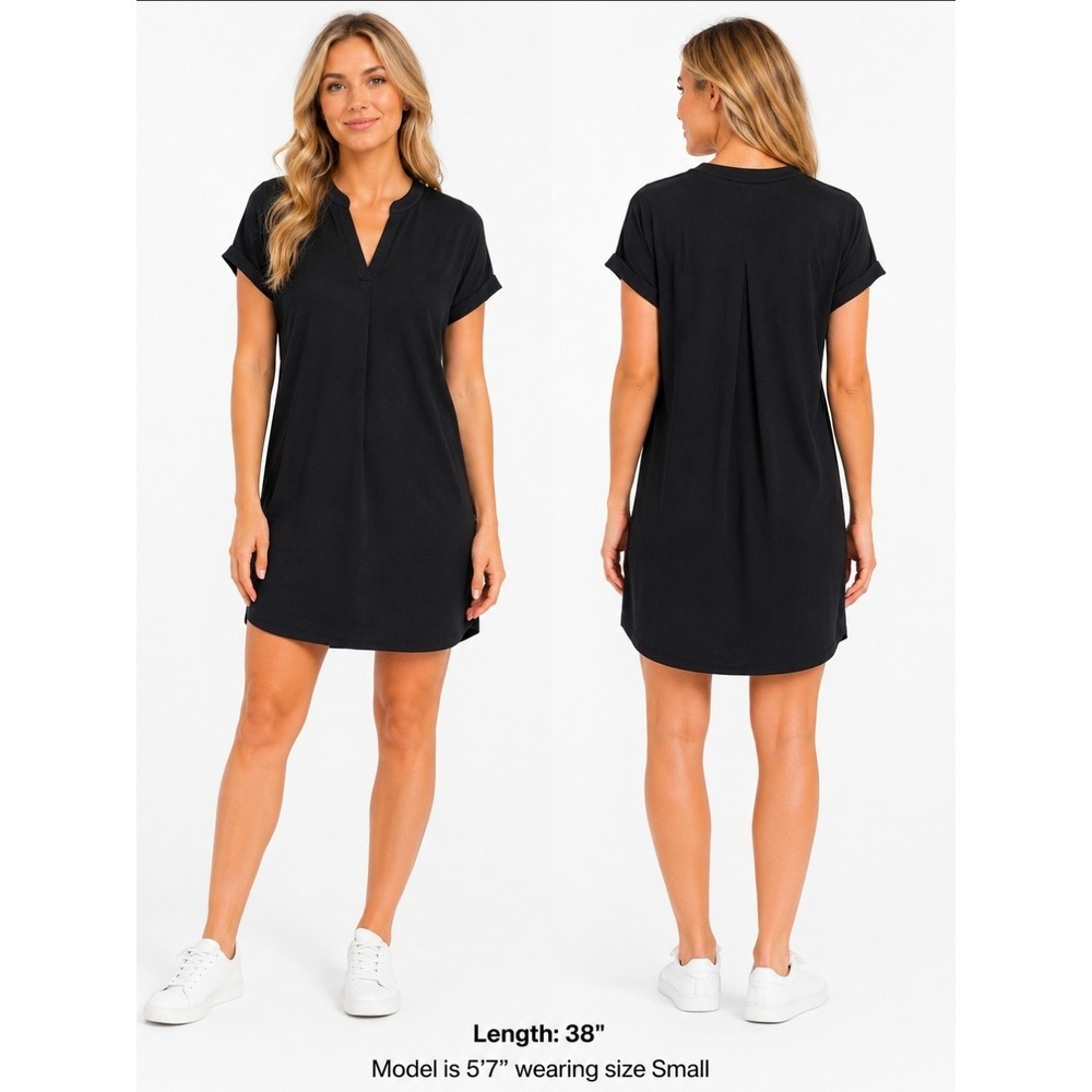 Lildy S-M Split V-Neck Pleated Dress Womens Black Minimalist Shift RN157754